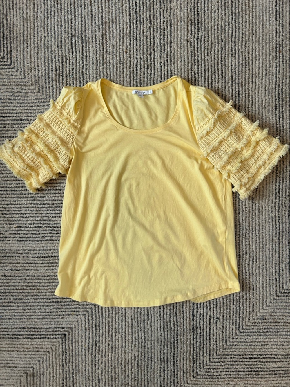 Chico’s Butter Yellow Scoop Neck Top with Ruffle Crochet tassle sleeve size L